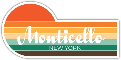 Monticello New York - Adhesivo decorativo (2 x 1.25 pulgadas), diseño estético retro vintage de la ciudad del atardecer de los años 70