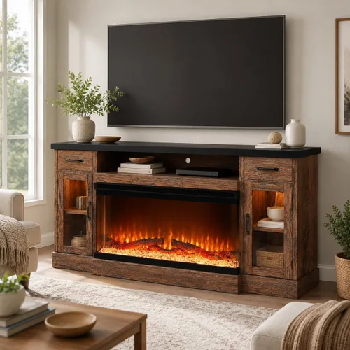 Soporte de TV con Chimenea Eléctrica, Centro de Entretenimiento Estilo Granja de 70" con Chimenea y Gabinetes de Almacenamiento, Consola de TV para