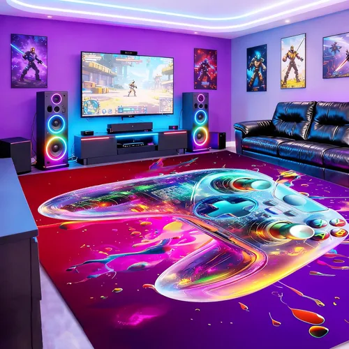 Miniatura 12 de Alfombra de área de juegos neón de 3 x 5 pies para habitación de niños, alfombra colorida de control de juegos para decoración de habitación