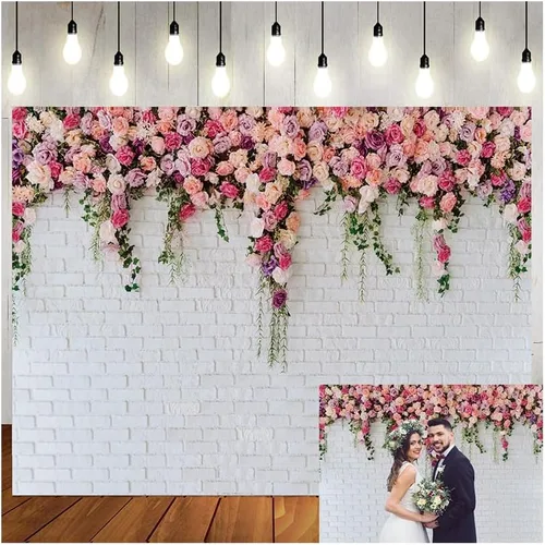 Telón de fondo de 3 x 3 m con pared de ladrillos blancos y flores, tema primaveral, para fotografía de día de la madre, San Valentín, boda, novia,