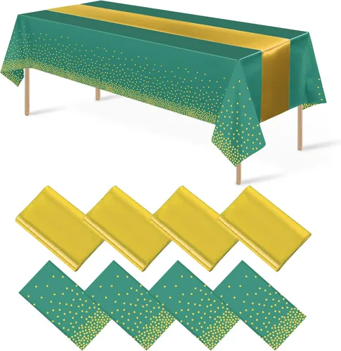 Miniatura 13 de 8 paquetes de manteles de plástico desechables y juego de camino de mesa de satén negro con dorado, mantel de satén dorado para graduación, boda