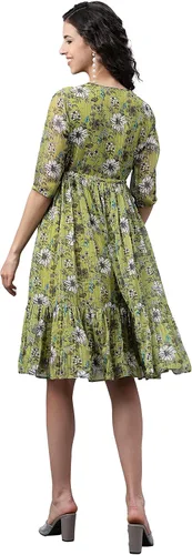 Miniatura 8 de Janasya Vestido acampanado con estampado floral de lúrex de gasa verde oliva para mujer india
