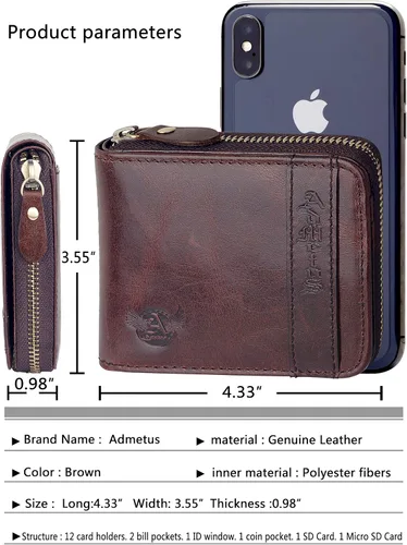 Miniatura 5 de Admetus - Billetera doble de cuero genuino, pequeña, con cremallera, para hombre