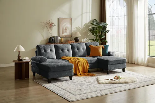 Miniatura 13 de Sofá modular de 111 pulgadas para sala de estar, sofá en forma de U de 4 plazas con doble diván de fibra de lino de poliéster, beige Gris claro