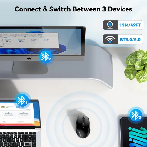 Miniatura 2 de TECKNET Ratón Bluetooth de 3 dispositivos, mouse inalámbrico silencioso con DPI de 6 niveles hasta 4800, batería de 2 años, 6 botones para amplia