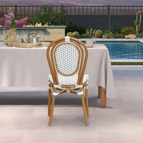 Miniatura 45 de PURPLE LEAF Juego de 1 silla de comedor al aire libre, marco de aluminio francés en acabado de bambú con ratán tejido ámbar y blanco para cocina