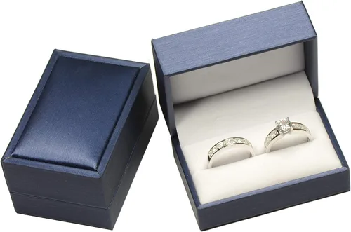Caja de anillo de doble compromiso para hombres y mujeres, de lujo, color azul intenso, suave al tacto, piel sintética, tamaño 2.95 (ancho) x 2