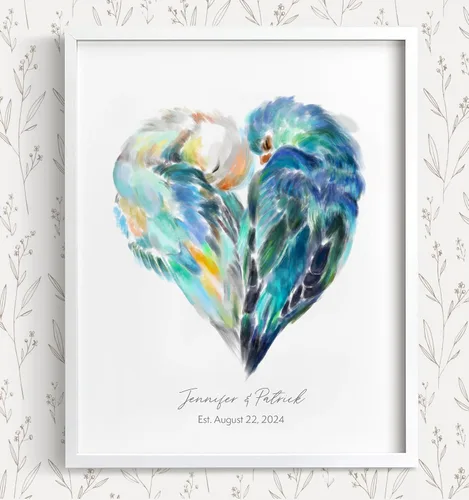 Miniatura 12 de Triple Studio Regalo de boda personalizado, impresión artística de pájaro con nombre y fecha personalizados, celebración de aniversario para novio