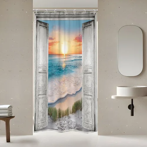 Miniatura 11 de Riyidecor Cortina de ducha para puerta de granero verde azulado para decoración de baño, 36 pulgadas de ancho x 72 pulgadas de alto, paisaje