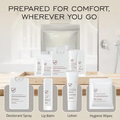 Miniatura 8 de MY PROTECT KIT Everyday Essentials - Kit de viaje de 8 piezas de higiene y aseo con desodorante en aerosol, loción, bálsamo labial y toallitas