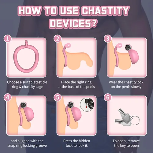Miniatura 6 de Jaula de castidad Sissy con 4 anillos de diferentes tamaños, cinturón de castidad y cerradura invisible para el ejercicio del pene y abstinencia
