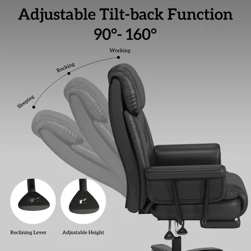 Miniatura 5 de GYI Silla de oficina reclinable 160 con reposapiés, silla de escritorio grande y alta, color negro Asiento con patas cruzadas, respaldo alto, piel