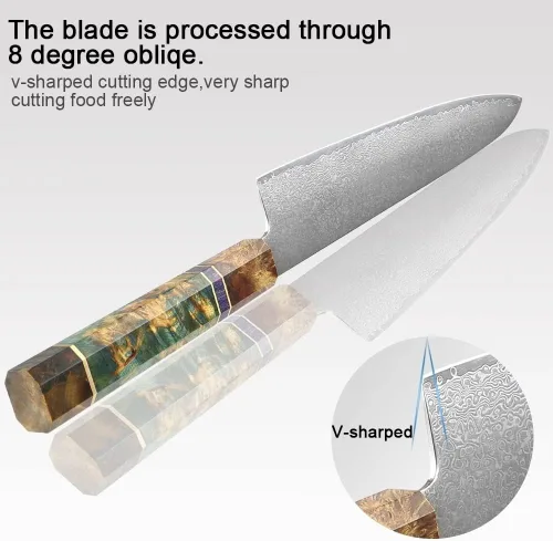 Miniatura 6 de ZZYY - Juego de 9 cuchillos japoneses de acero de Damasco con mango de madera solidificada, cuchillos Nakiri, cuchillo de chef Santoku, cuchillo