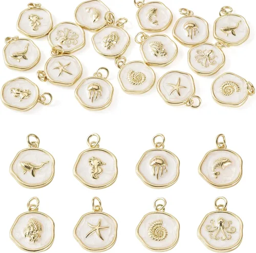 Miniatura 8 de Cheriswelry 12 dijes celestiales chapados en oro de 18 quilates con diseño de estrella, sol, luna, planos, redondos, esmaltados, colgantes, adornos