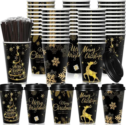 Uiifan Paquete de 50 Tazas de Café Navideñas de 16 oz a Granel Negras Doradas con Copos de Nieve Tazas Desechables Tazas de Papel Feliz Navidad con