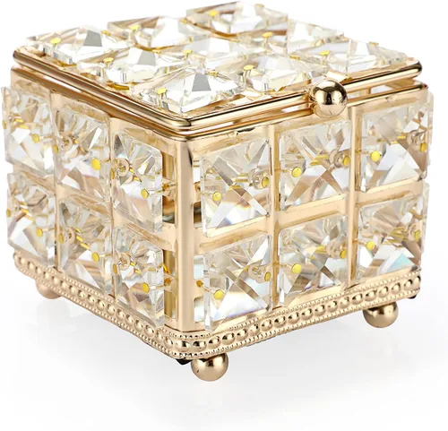 ELLDOO Joyero de cristal cuadrado organizador de baratijas con tapa, aretes, anillos, caja de recuerdo del tesoro vintage para San Valentín, boda,