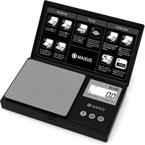 MAXUS - Báscula digital de gramos 1000 g/0.1 g, báscula pequeña de alimentos con LCD retroiluminada, mini báscula de bolsillo para joyería Negro mate