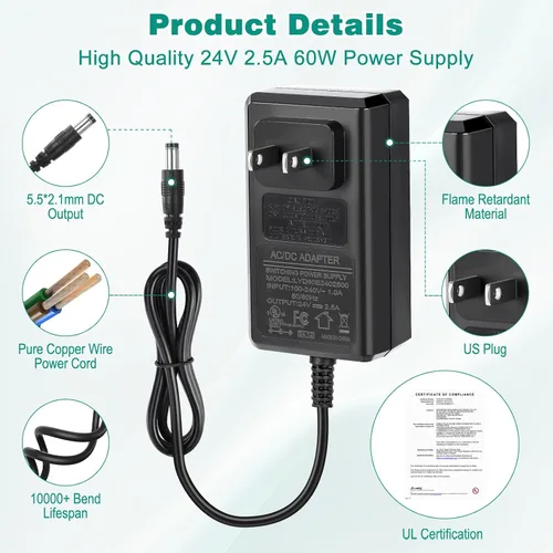 Miniatura 3 de Fuente de alimentación de 24 V con certificación UL, transformador de bajo voltaje de 24 voltios, Paquete de 2 CC 24V 2.5A 60W