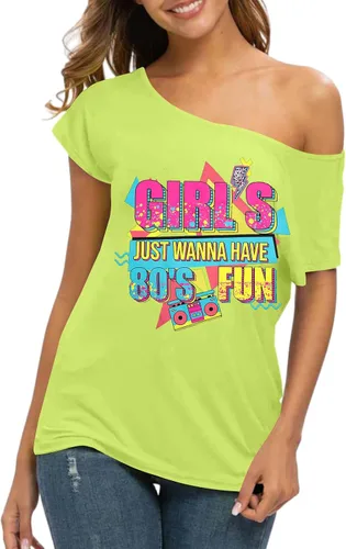 Miniatura 4 de Traje de los años 90 y 80 para mujer, camiseta de discoteca de fiesta temática de los años 80, tops con hombros descubiertos, parte superior vintage