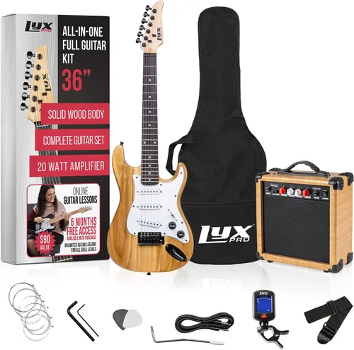 LyxPro - Guitarra eléctrica de 36 pulgadas y kit para niños con guitarra de tamaño 3/4 para principiantes, amplificador, seis cuerdas, dos púas,