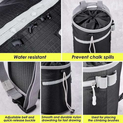 Miniatura 6 de Bolsa de tiza para escalada en roca, bolsa de bouldering, 2 cremalleras impermeables para gimnasia, ajuste cruzado y levantamiento (grande)