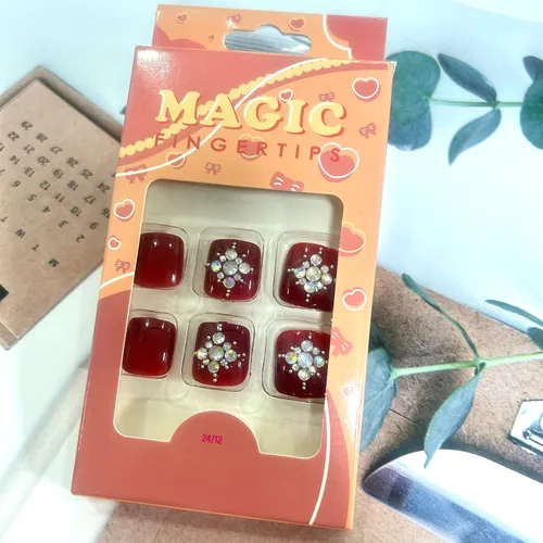 Miniatura 6 de Uñas cortas cuadradas a presión, puntas de uñas reutilizables de cobertura completa con pegamento, uñas adhesivas con diseños de diamantes