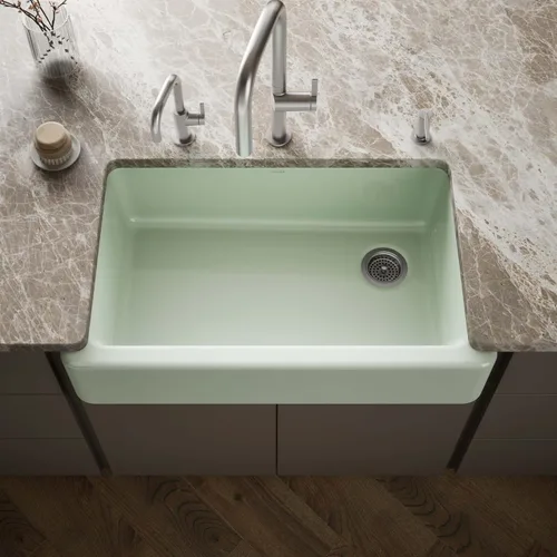 Miniatura 36 de KOHLER Whitehaven® K-6427-42 - Fregadero de cocina empotrado de 35-3/4 pulgadas, autorecortable, Smart Divide, Grande/Mediano con Delantal alto