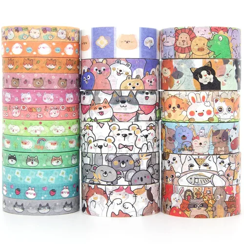 WAPETASHI Lindo juego de cinta washi – 24 rollos de cinta de enmascarar decorativa con lámina dorada de animales kawaii para diario, álbumes de