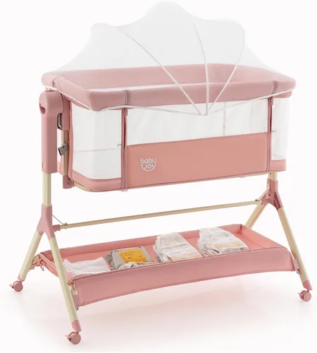 Miniatura 9 de BABY JOY Moisés para dormir junto a la cama, cuna plegable fácil con malla en todos los lados, estante de almacenamiento, 7 alturas ajustables, Negro