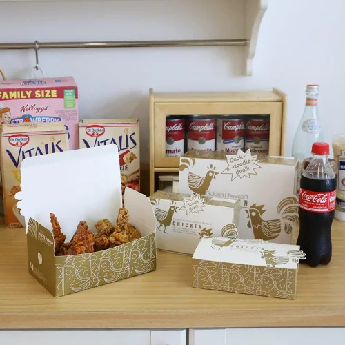 Miniatura 4 de Recipientes de pollo fritos dorados pequeños (paquete de 50) de 6.9 x 4.1 x 2.2 pulgadas, para comida para llevar, hamburguesas de arroz frito