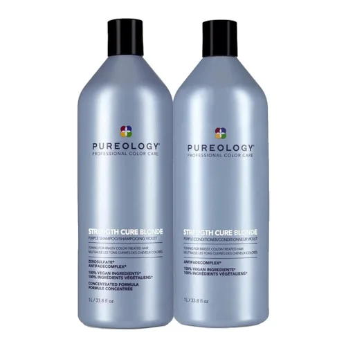 Pureology Strength Cure - Juego de champú y acondicionador morado rubio | Tonifica y fortalece el cabello cobrizo | Sin sulfatos | Vegano | Sin
