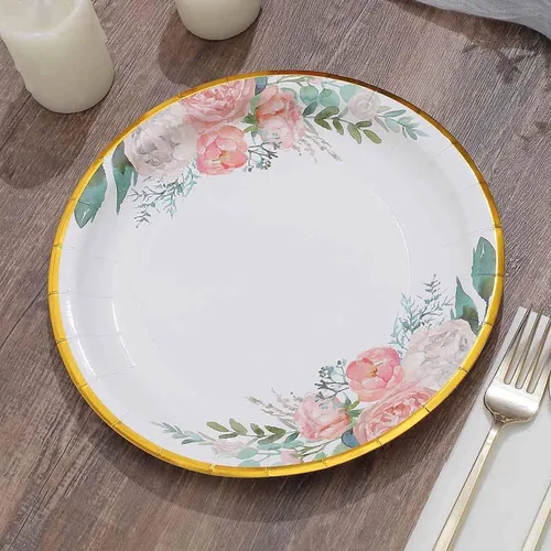 Efavormart - Paquete de 25 platos de papel con borde dorado floral de 9 pulgadas, color blanco; platos llanos desechables de alta calidad para Type 8