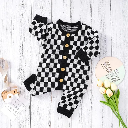 Miniatura 3 de SAYOO Mameluco de punto unisex para bebé, niña, niño, overol de punto a cuadros, de una pieza, suéter con botones