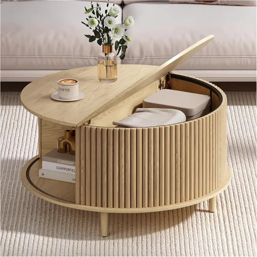Miniatura 21 de Mesa de centro elevable con almacenamiento, mesa de centro moderna de mediados de siglo con patas de madera maciza, mesa central minimalista Roble