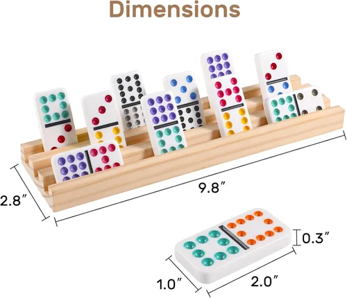 Miniatura 5 de Juego de dominó de tren mexicano con 4 bandejas de madera/estantes de madera, juego de viaje doble de 12 dominó con 4 soportes para azulejos