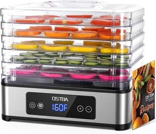 OSTBA Deshidratador de alimentos, 5 bandejas de acero inoxidable, secado potente de 400 W, temporizador de 48 horas y control de temperatura de 95 a