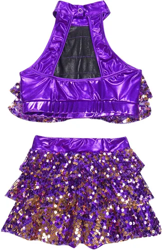 Miniatura 6 de Conjunto de camiseta corta metálica de lentejuelas con falda para niñas y niñas, trajes de baile latino de jazz, 2 piezas, disfraz de baile