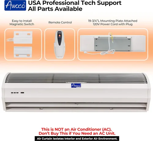 Miniatura 2 de Awoco Cortina de aire delgada para interiores FM-1212T de 48 pulgadas, 1500 CFM, certificado CE, 120 V sin calefacción con control remoto e