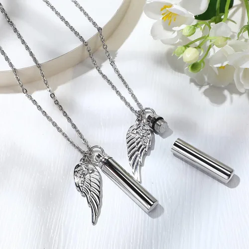 Miniatura 5 de Collar de urna para cenizas, joyería de cremación cilíndrica con dije de ala de ángel, recuerdo conmemorativo, recuerdo para mujeres y hombres