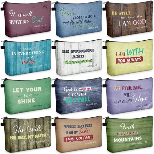 Miniatura 13 de Chunful 12 Piezas Regalos Cristianos Inspiradores Bolsas de Maquillaje Religiosas a Granel para Mujeres Bolsa de Cosméticos con Versículos Bíblicos
