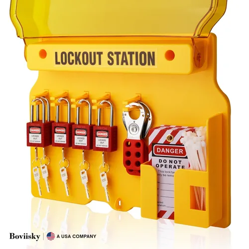 Miniatura 2 de Estación de etiquetado de bloqueo con dispositivos Loto – 5 candados de seguridad, 2 cerrojos, 25 etiquetas de bloqueo, 25 lazos de nailon, kit