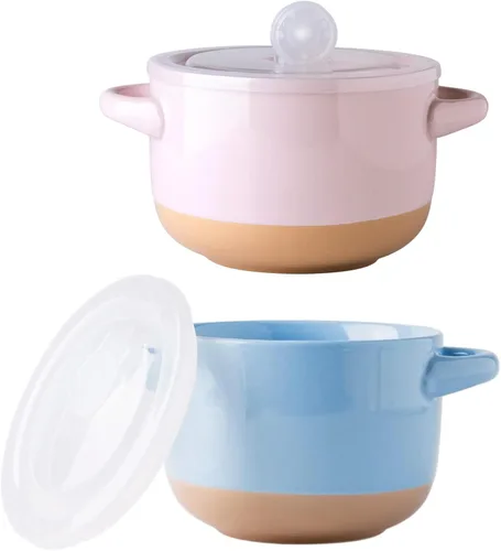 Miniatura 11 de AmorArc Juego de 2 cuencos de sopa de 24 onzas con asas grandes y tapas, cuencos de cerámica para sopa, cereales, guisos, fideos, coloridos cuencos