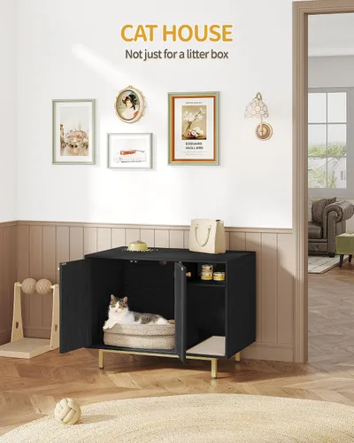 Miniatura 8 de Hzuaneri Caja de arena para gatos, mueble oculto con almacenamiento, armario grande de madera con alfombrilla de sisal, baño moderno para gatos