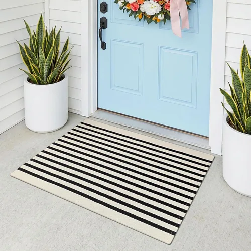 Miniatura 32 de KOZYFLY Alfombra a rayas blancas y negras de 2 x 3 pies, tejido de algodón, lavable, para interiores y exteriores, alfombra pequeña para puerta
