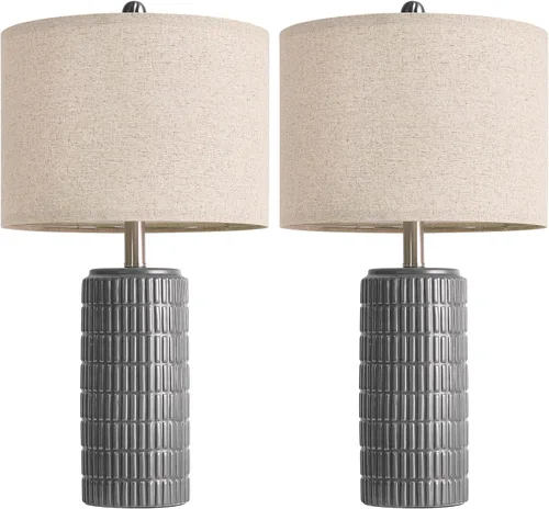 Miniatura 9 de PoKat Juego de 2 lámparas de mesa de cerámica gris oscuro de 23 pulgadas para sala de estar, lámparas de noche modernas para dormitorio, lámpara