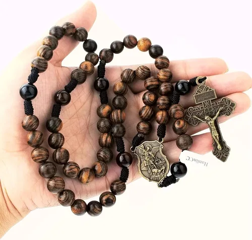 Miniatura 4 de HanlinCC Cuentas de madera maciza hechas a mano de 0.394 pulgadas con piedra de ágata, collar de rosario católico para hombres con pieza central