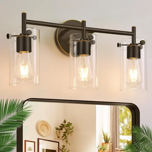 Lámparas de baño de 3 luces actualización 2023, luces de tocador modernas de bronce frotado con aceite con pantalla de vidrio transparente, apliques