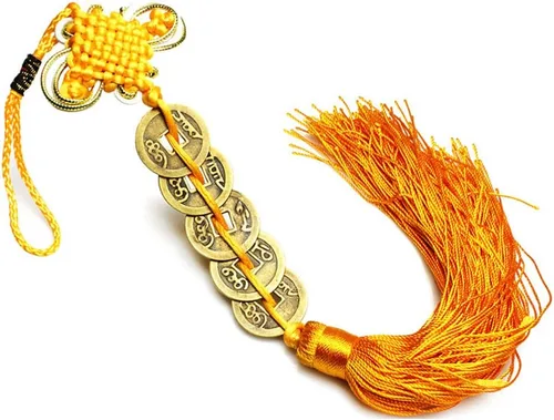 ZeeStar - Monedas de dinero de cinco emperadores chinos de Feng Shui para riqueza y éxito con nudo chino monedas de la suerte amarillo dorado (5
