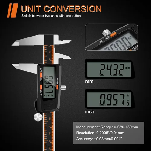 Miniatura 3 de HARDELL Calibrador Digital de 6 Pulgadas con Pantalla LCD Grande, Herramienta de Medición de Calibradores con Función de Apagado Automático