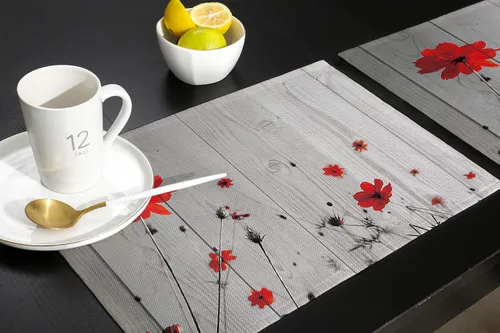 Miniatura 5 de Juego de 6 manteles individuales de flores de amapola roja para mesa de comedor, manteles individuales de lino de algodón gris rústico